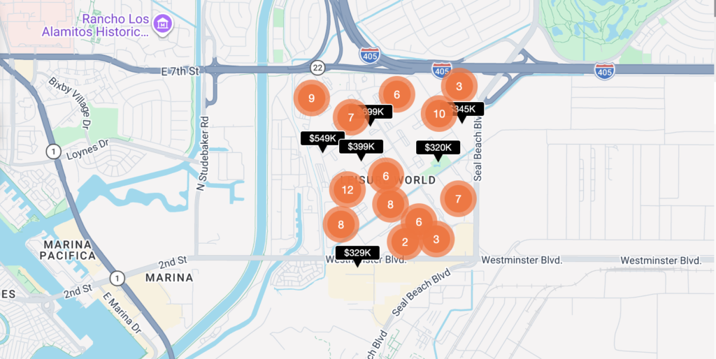 Map view of homes for sale in Leisure World Seal Beach