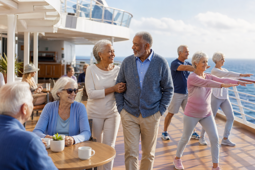 Active seniors enjoying a cruise ship style social scene, a playful comparison to Leisure World Seal Beach living