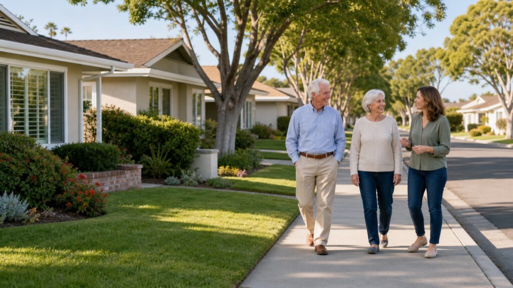 Older couple and adult family member walking through a Southern California 55-plus community